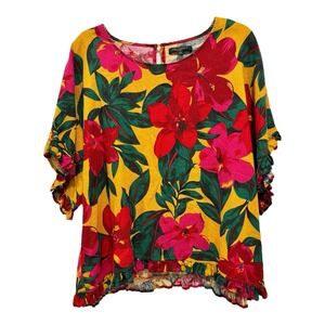 For Cynthia Top Womens 1X Linen Blend Multicolor Floral‎ Assymetrical Ruffles
